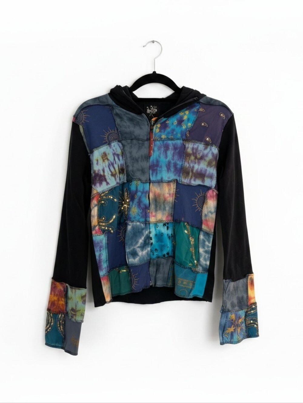 NWT Ark Patchwork Tie Dye Zip Hoodie Sequin Boho Sz S